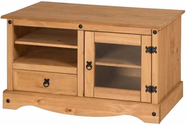 FORGEVIO Corona Rustic Brown Solid Pine TV Unit with Glass Doors and Media Compartments – 1