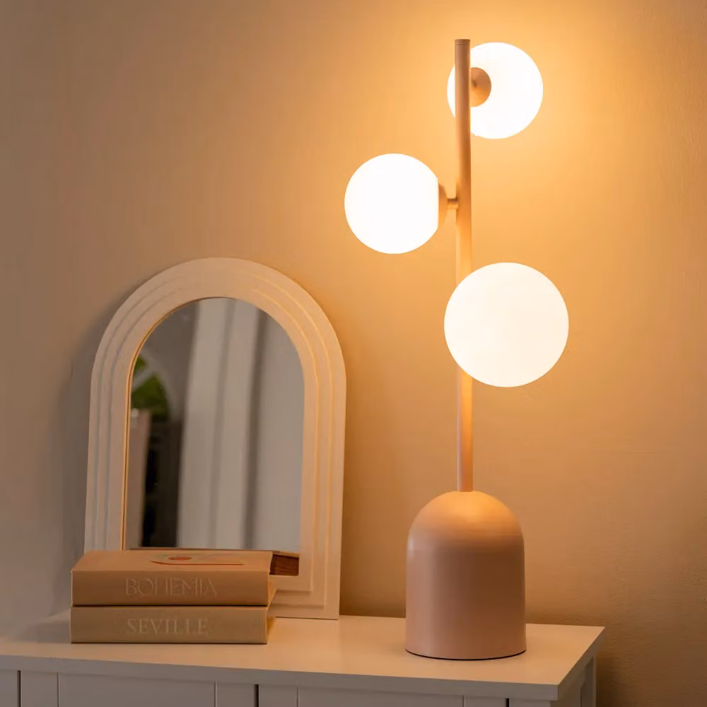 ValueLights Marlow 3 Way Table Lamp with Pink Opaque Glass Globe – 2