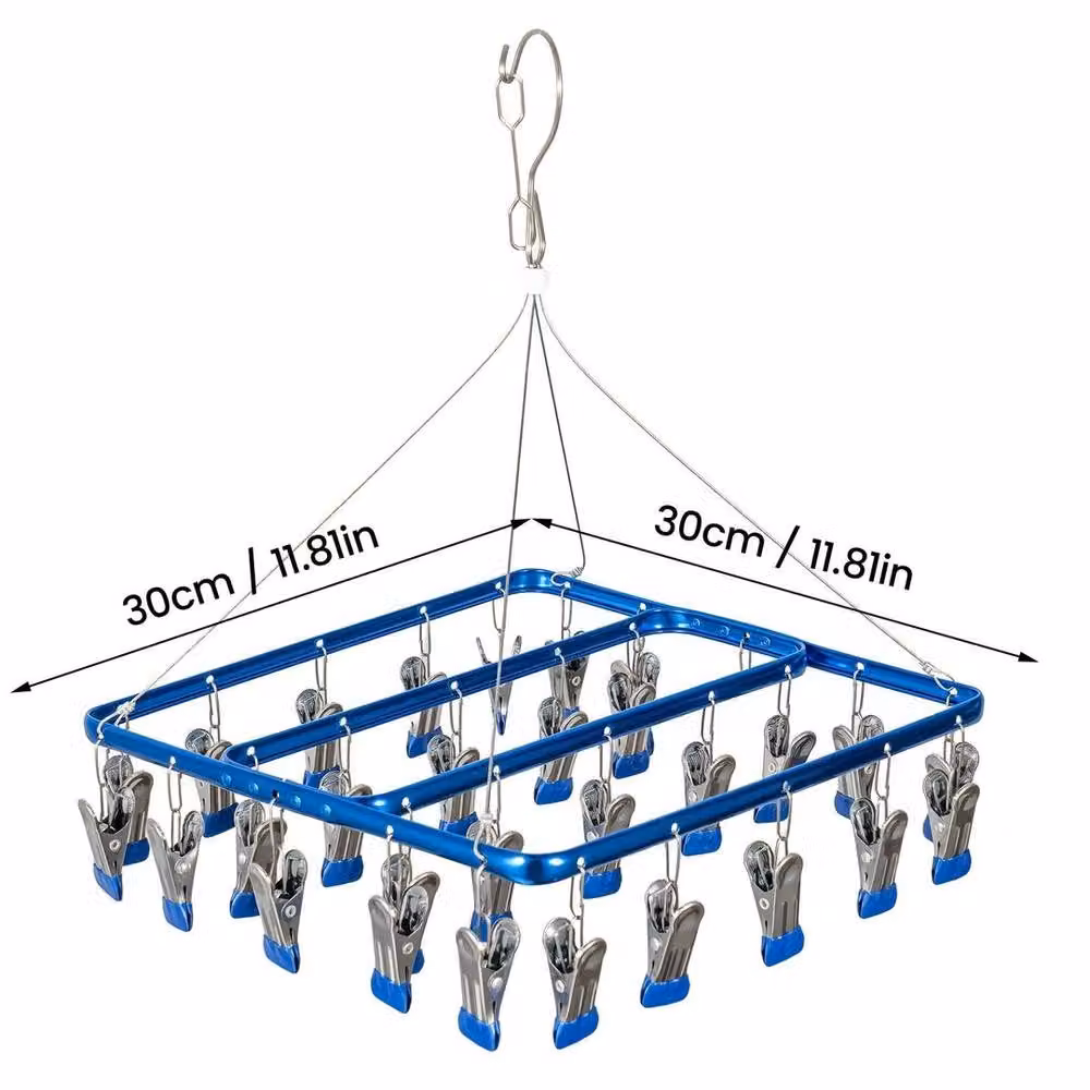 EONLION Blue Aluminium Alloy Multi-Clip Drying Rack with Windproof Hooks, Width: 100 cm – 2