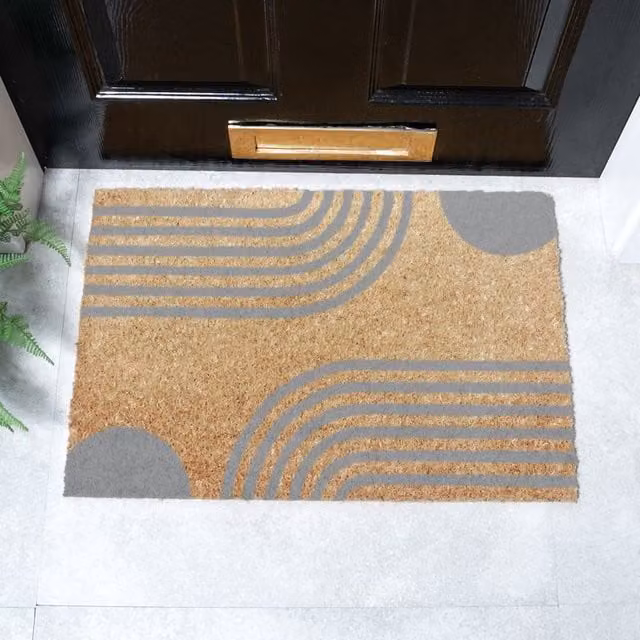 Artsy Mats Grey Abstract Lines and Semi Circles Coir Doormat, W: 60 cm, D: 40 cm