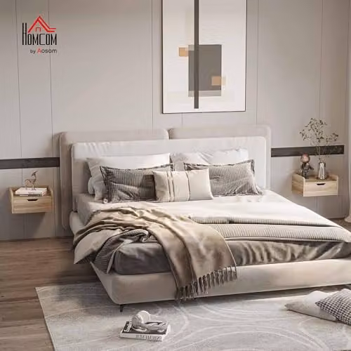 HOMCOM Set of 2 Floating Bedside Tables in Brown with Drawer for Bedroom, W/D/H: 40 x 30 x 19.5 cm – 2