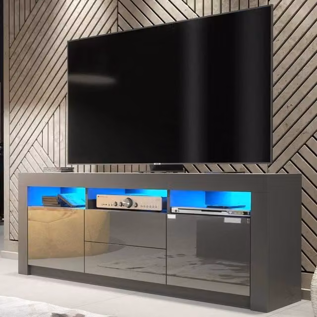 SPETLEK Modern Grey Glossy TV Stand Sideboard Cabinet with Integrated Lighting