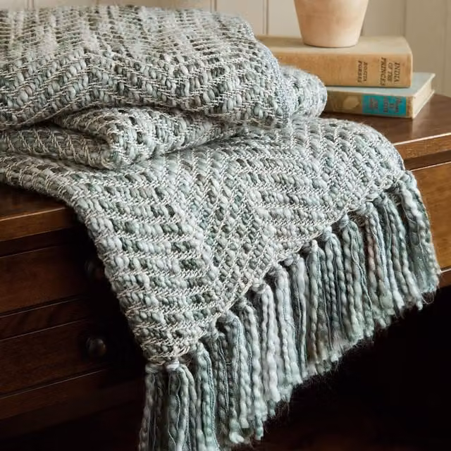 Laura Ashley Liberton Geometric Throw with Fringes, Sage Green, W: 130 cm, D: 170 cm