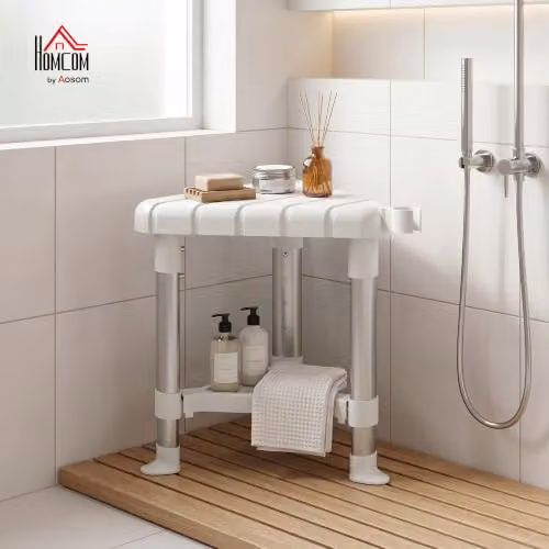 HOMCOM Non-Slip White Bathroom Shower Stool with Adjustable Height Legs and Metal Frame – 2