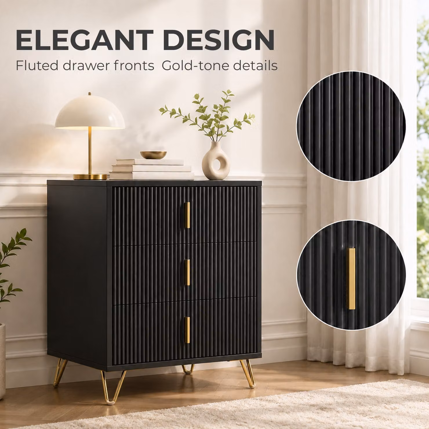 HOMCOM Modern 3-Drawer Fluted Dresser with Metal Legs and Steel Handles in Black and Gold – 5