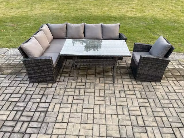 Fimous 7 Seater Rattan Garden Furniture Corner Dining Set in Dark Grey