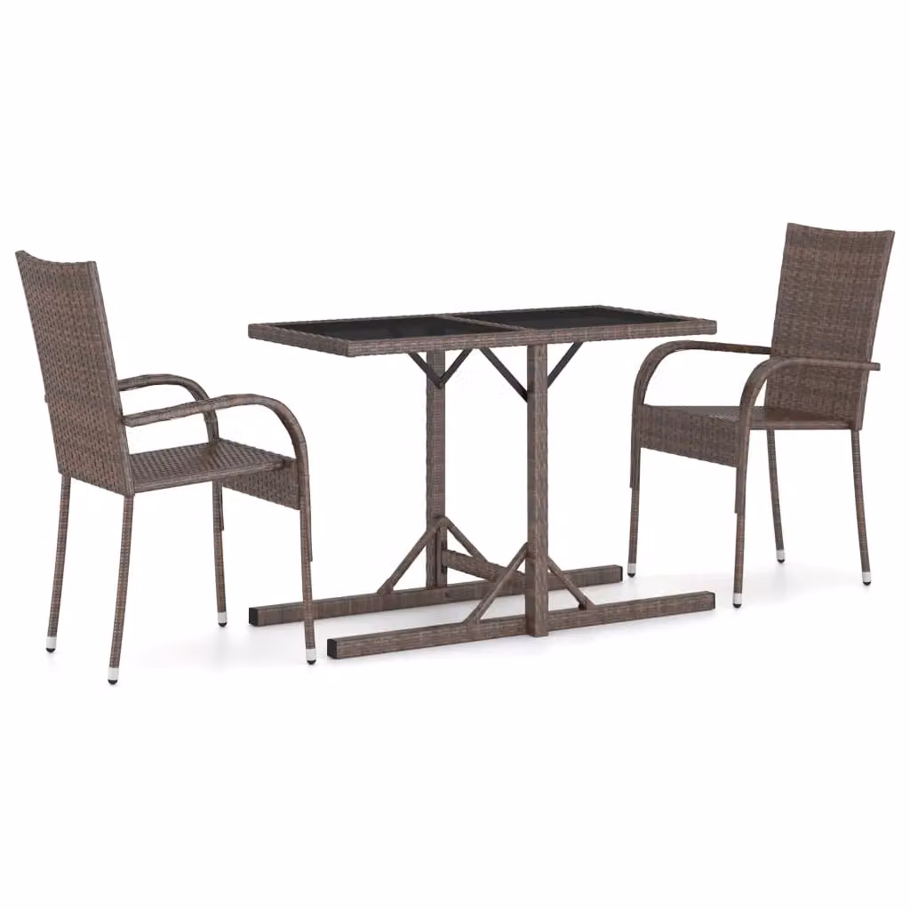 Berkfield Home 3 Piece Brown Rattan and Metal Garden Dining Set with Glass Tabletop – 2