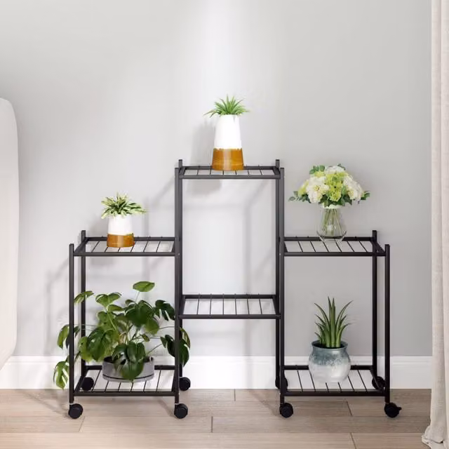Berkfield Home Black Metal Flower Stand with Wheels, H 83 x W 25 x D 63.5 cm