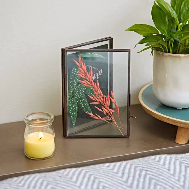 Paper High Antique Brass Reclaimed Glass Folded Double Photo Frame in Copper