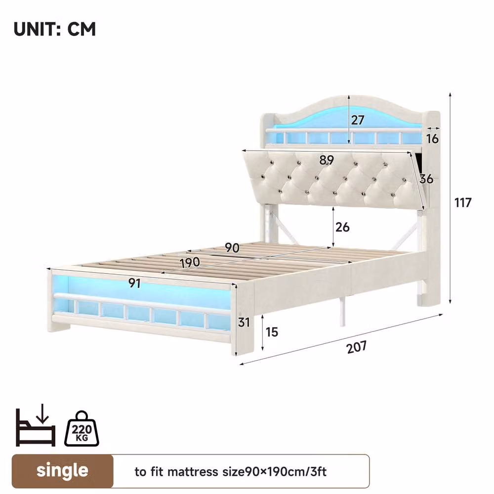 Merax Single Upholstered Velvet Bed Frame in Beige with LED Lighting, USB Charging Port and Side Compartments, W/D/H: 90 x 190 x 117 cm – 5