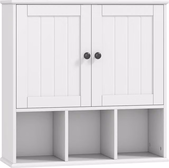 HOMCOM Farmhouse White Wall Mounted Bathroom Cabinet with Hinged Doors and Open Compartments