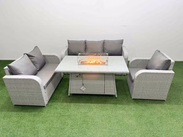 Fimous Patio 6 Seater Outdoor Rattan Furniture Set in Light Grey with Firepit Dining Table, Reclining Chair, Loveseat and 3 Seater Sofa