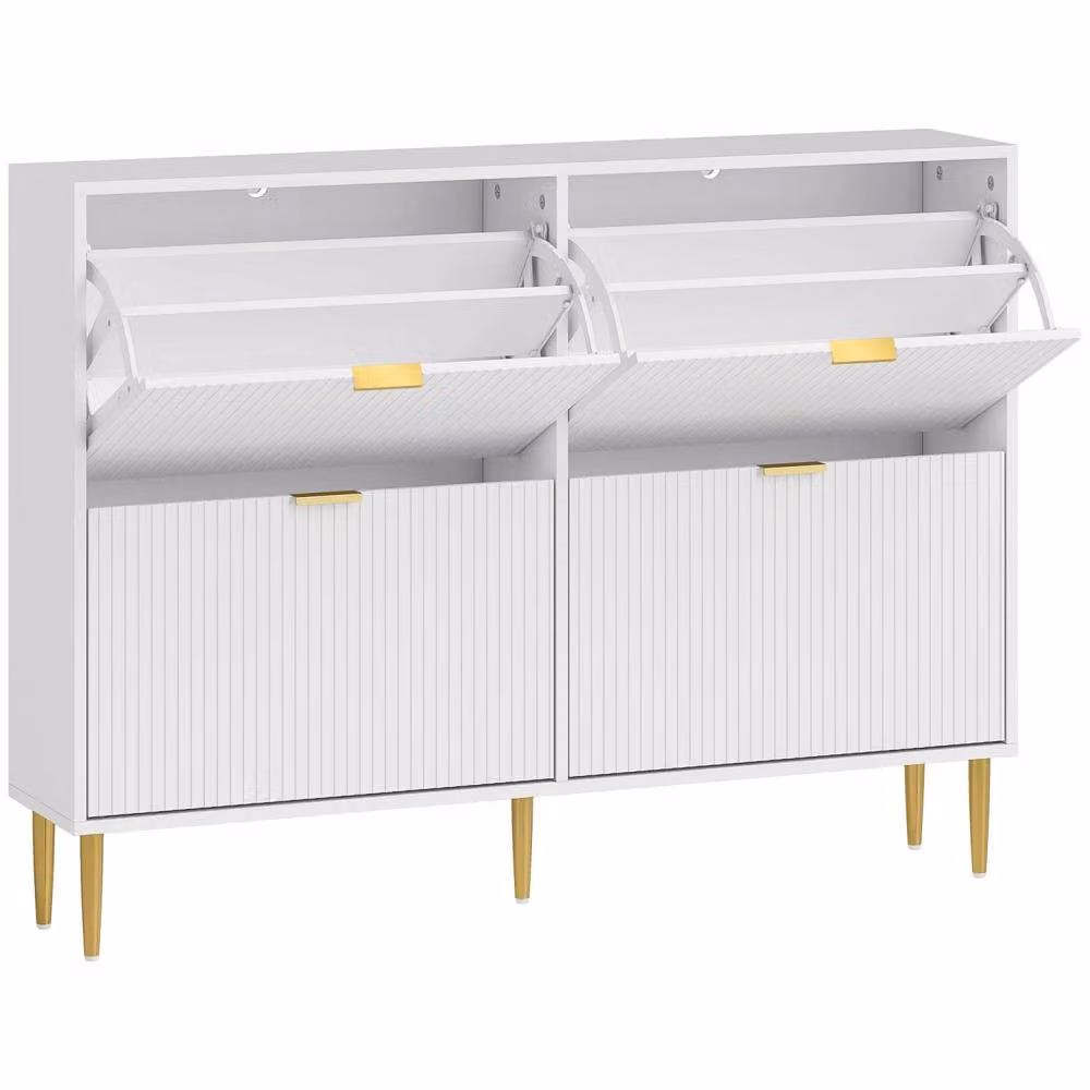 Wyld Haus White Ribbed Slim Shoe Cabinet with Gold Details, H 91.5 x W 33.0 x D 24.0 cm – 2
