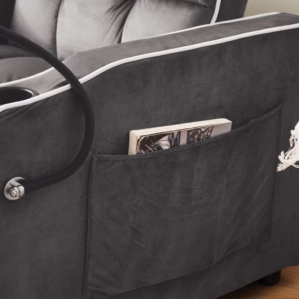 Merax Velvet Convertible Sleeper Chair with Phone Holder and 2 Cup Holders in Grey – 6