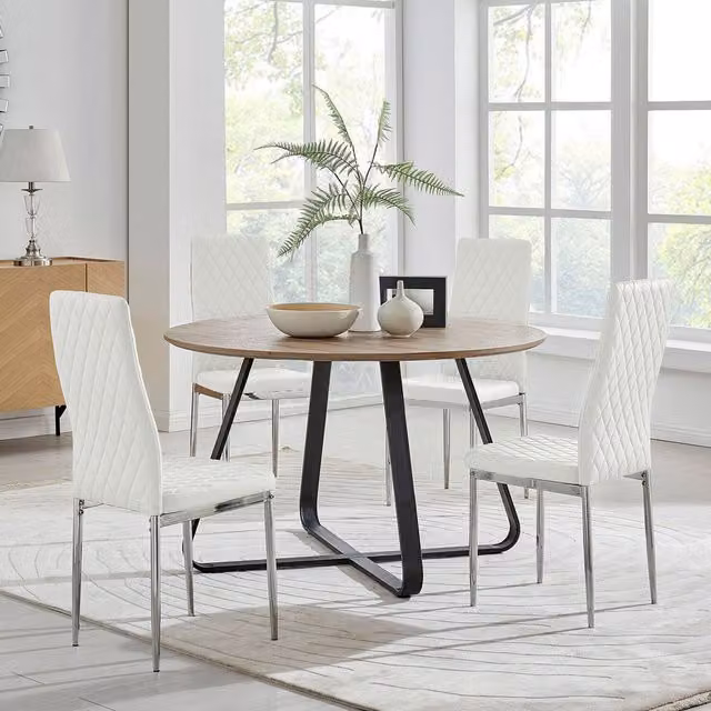 FurnitureboxUK Santorini Brown Wood Round Dining Table and 4 Milan Chairs Set in White, Diameter: 120 cm
