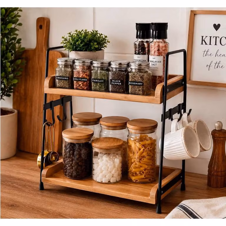 KORVIXA Industrial Freestanding Kitchen Cupboard Shelf Organiser and Spice Rack in Brown and Beige with Wood and Metal Construction W/D/H: 100 x 100 x 2 cm