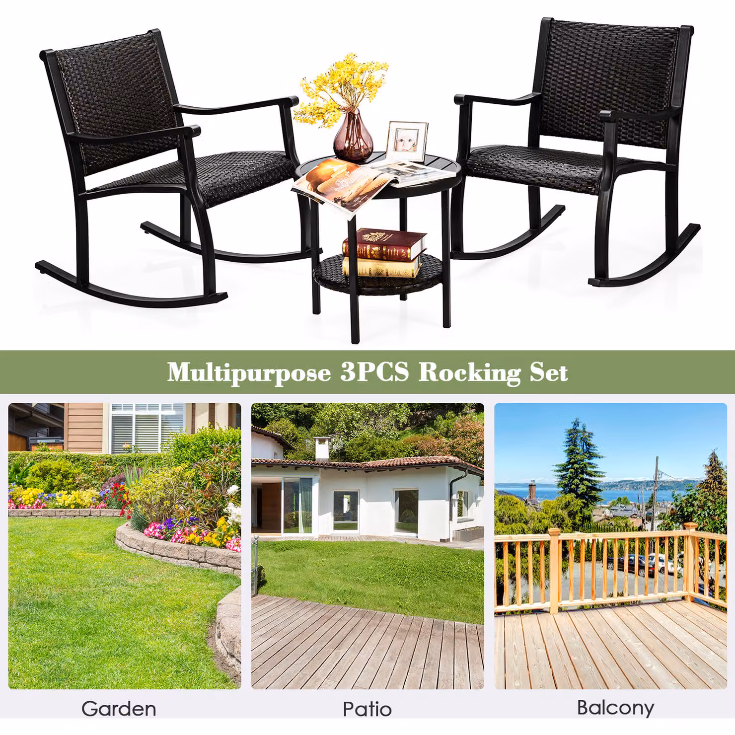 COSTWAY 3 Piece Modern Round Polyrattan Bistro Set in Brown for Garden and Terrace – 2