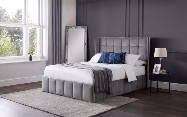 Ashfield Grey Plush Premium Velvet Upholstered Ottoman Bed with Lift Up Base, W/D/H: 140 x 200 cm