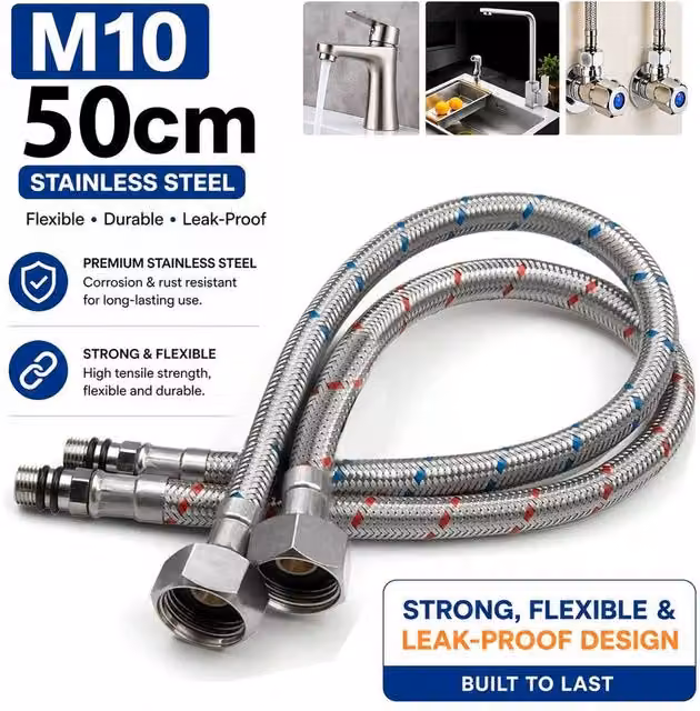 ATEK Pair of Silver Stainless Steel Braided Flexible Tap Connectors for Kitchen Sink and Bathroom Basin Monobloc Mixer Taps, Length: 50 cm