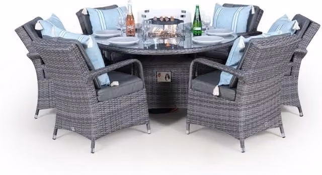 Giardino Arizona Round Polyrattan Fire Pit Patio Dining Set in Grey and Brown, 6 Seater