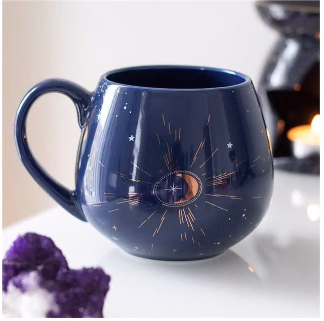 KDMK Geometric Crescent Moon Rounded Mug with Metallic Gold Accents in Blue