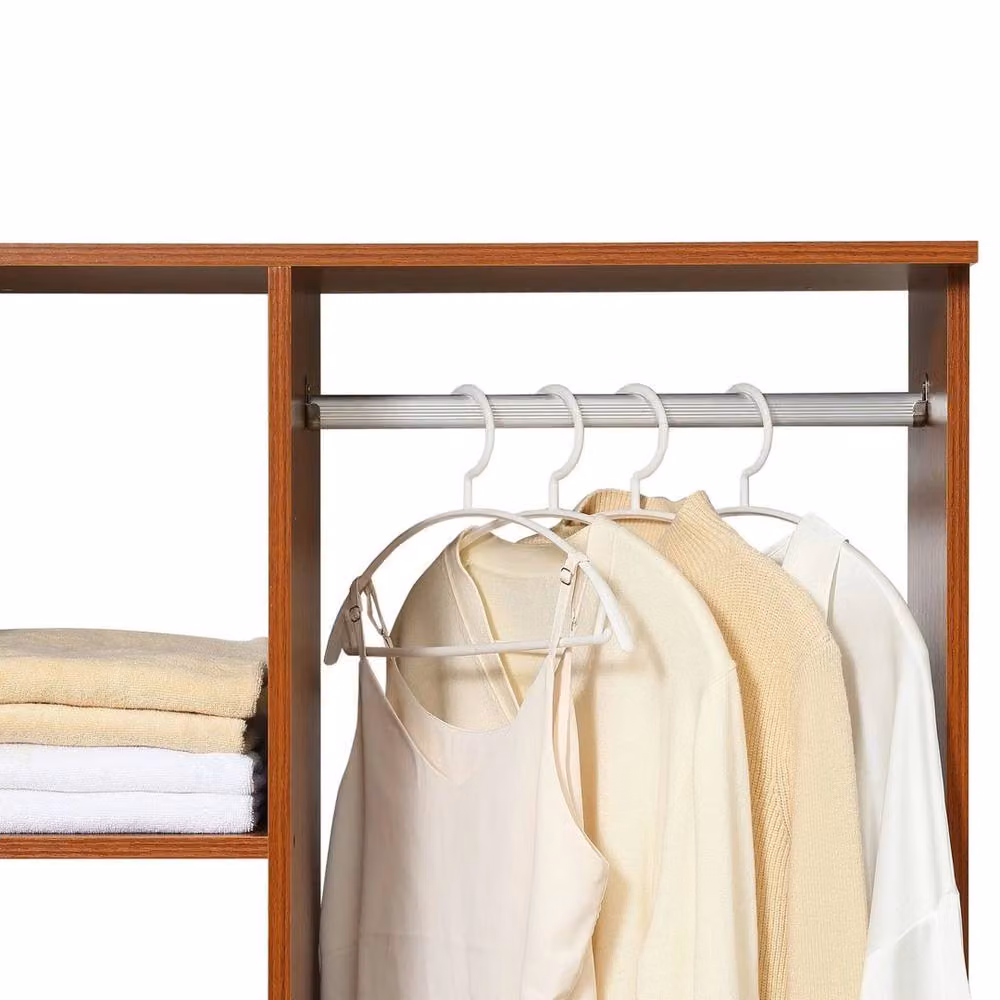 FLAVORA Rolling Open Wardrobe with Hanging Rail and Storage Shelves in Brown Walnut Matt Finish – 5