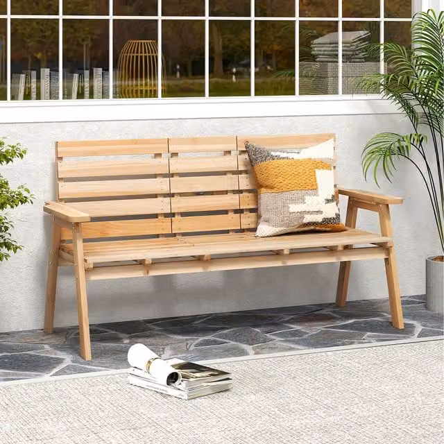 COSTWAY 2-3 Person Scandinavian Wood Garden Bench with Middle Table in Brown