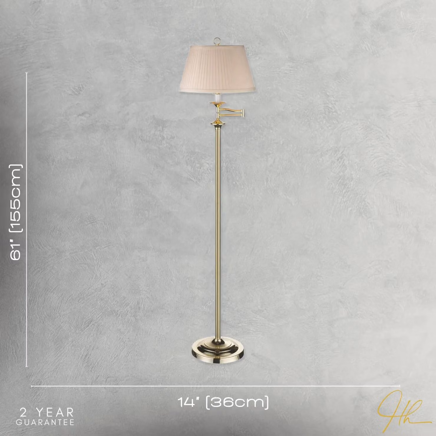 Happy Homewares Classic Adjustable Swing Arm Floor Lamp in Gold with Beige Fabric Shade – 3