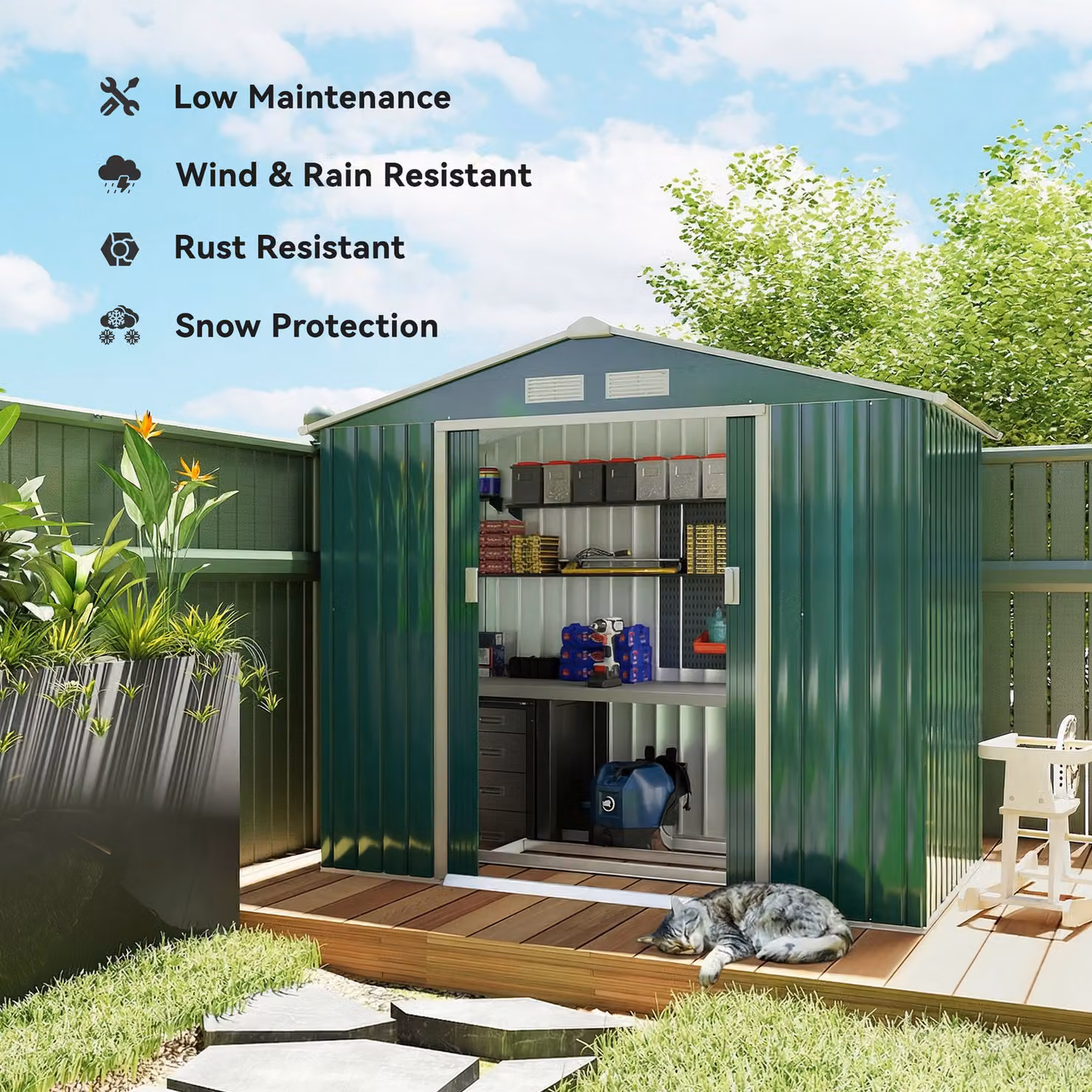 Outsunny Lockable Metal Garden Shed in Green with Gable Roof and Sliding Doors – 4