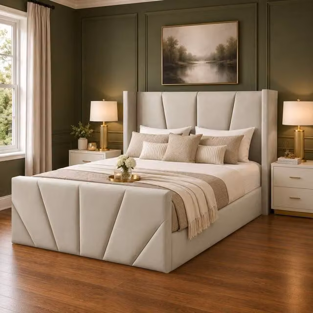 Desire Deco Carson Luxury Wingback Upholstered Bed Frame in Beige, W/D/H: 120 x 200 cm