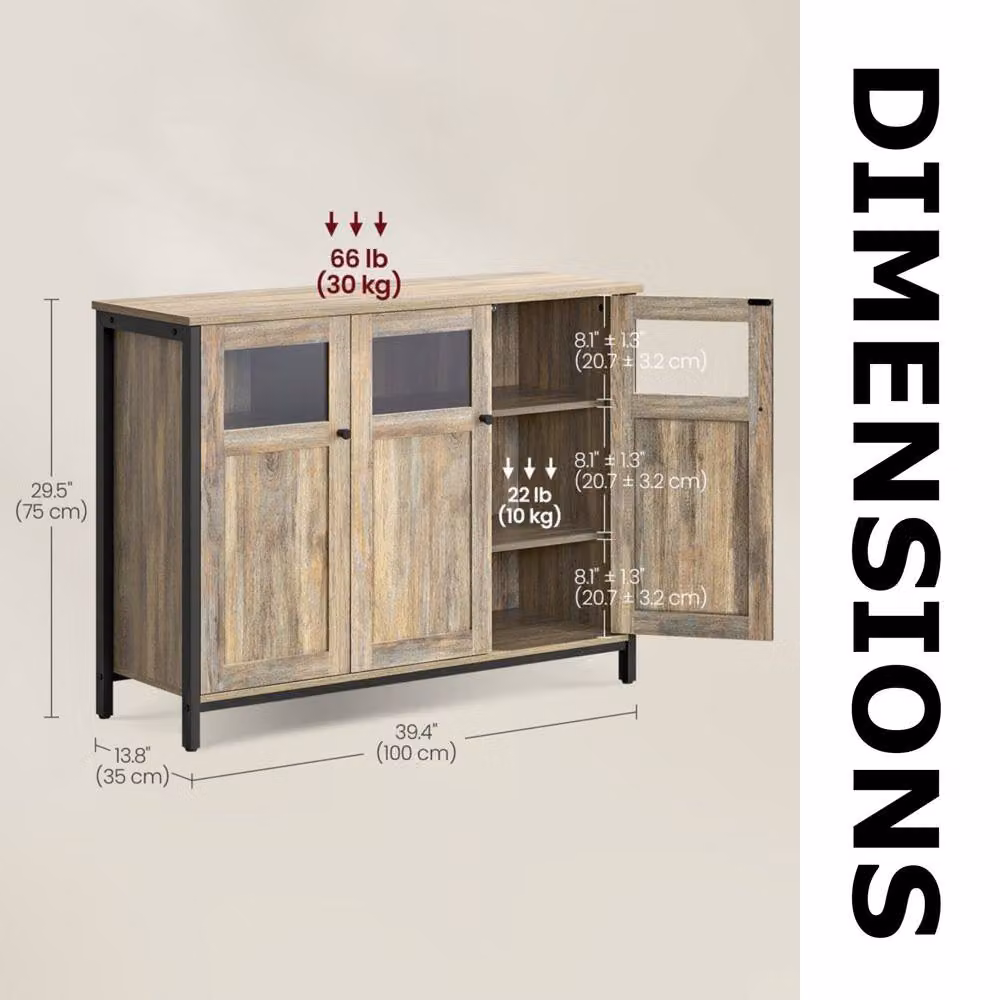 Pirlo Plush Industrial Multipurpose Closed Sideboard Buffet Cabinet in Rustic Brown with Glass Doors – 5