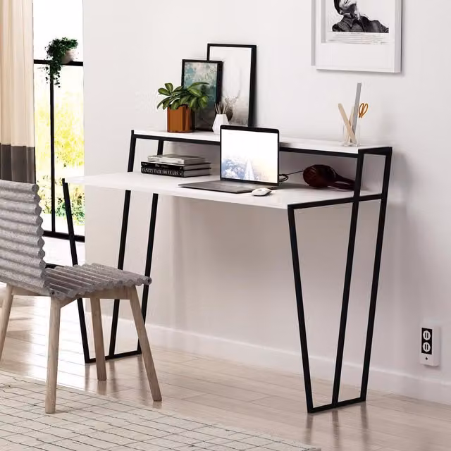 FWStyle Modern Writing Desk with Matt White Wood Top and Black Metal Frame