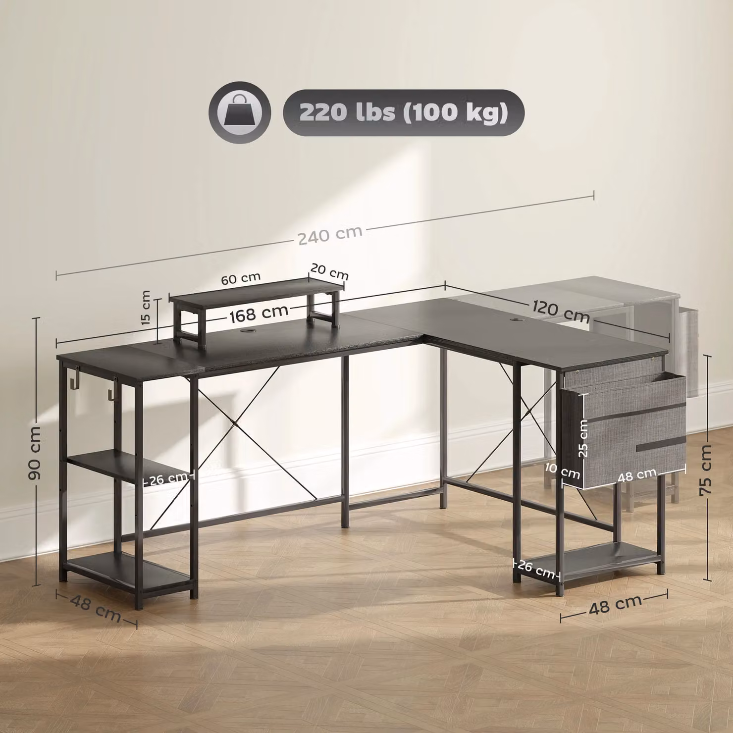 HOMCOM Reversible L Shaped Corner Desk for Two People in Black – 3