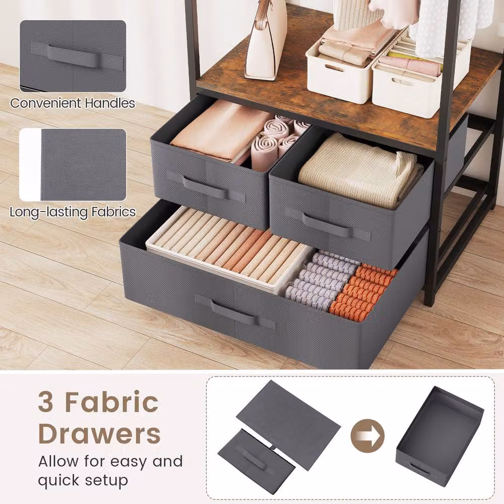 Costway Heavy Duty Industrial Clothes Rack with Drawers and Shelves in Brown and Black – 4