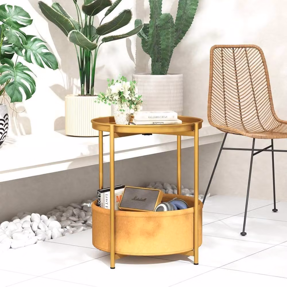 Huhote Gold 2 Tier Round Fabric End Side Table with Storage Basket – 3