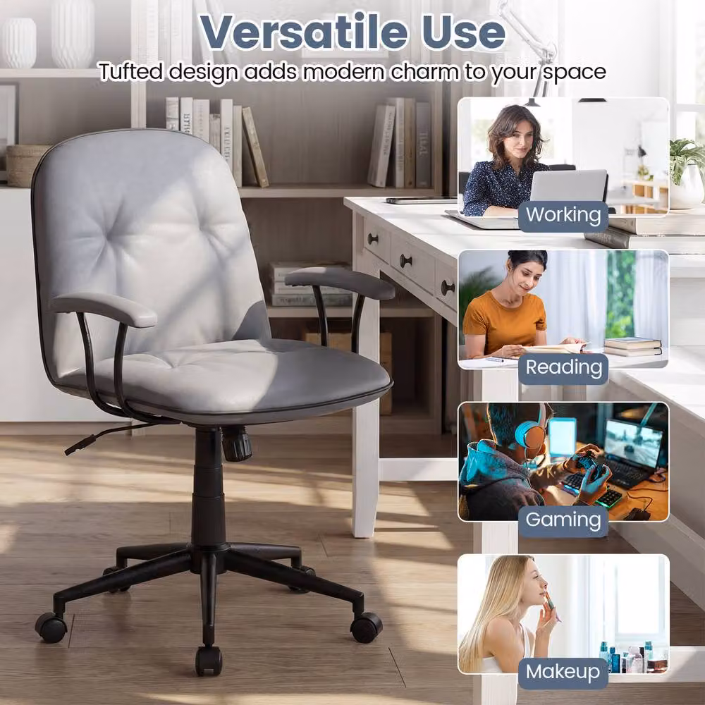Costway Grey PU Leather Swivel Home Office Task Chair with Armrests and Castors – 2