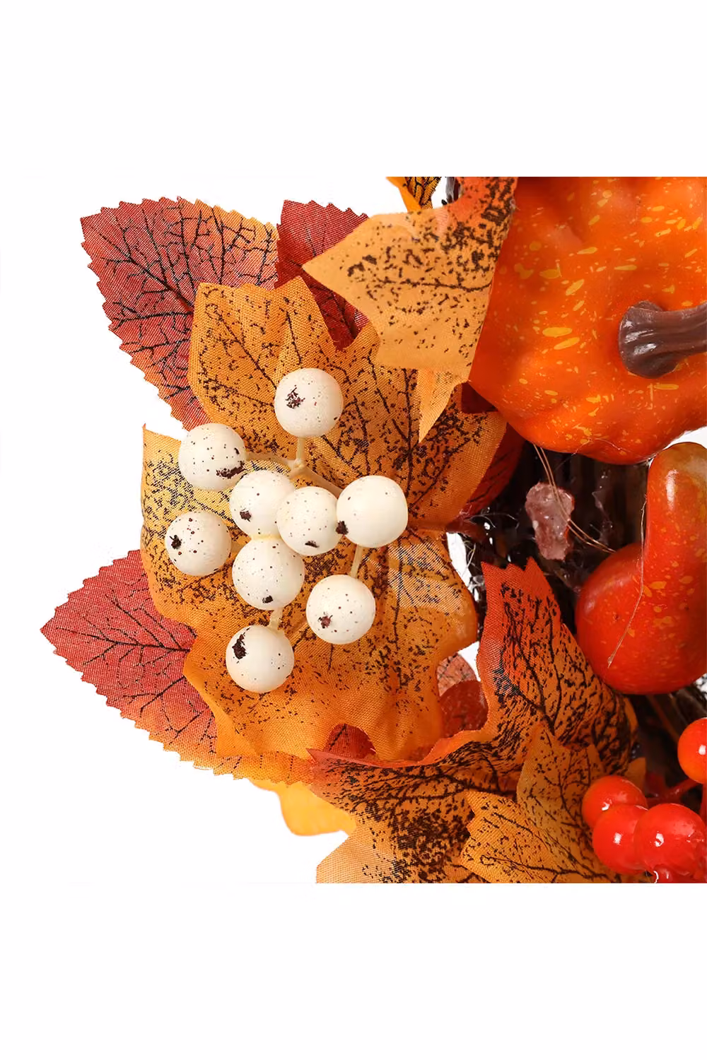 Living and Home 45cm Pre-Lit Autumn Wreath with White Pumpkin, Ginkgo and Maple Leaves in Orange, White, Red and Green – 3