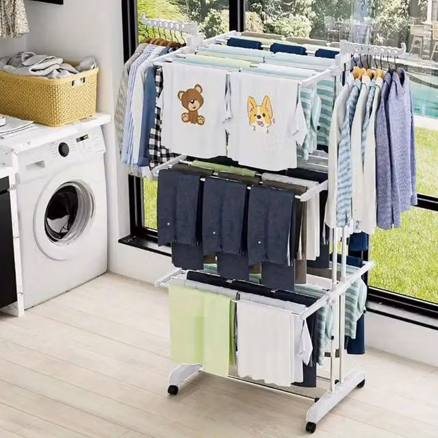Neo White 4 Tier Folding Clothes Airer with Side Wings and Stainless Steel Stand