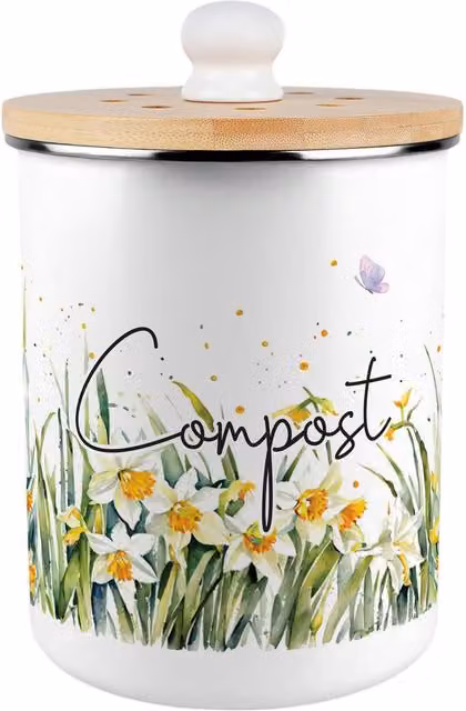Purely Home Spring Daffodils Metal Compost Caddy with Flip Lid, 2L, Green