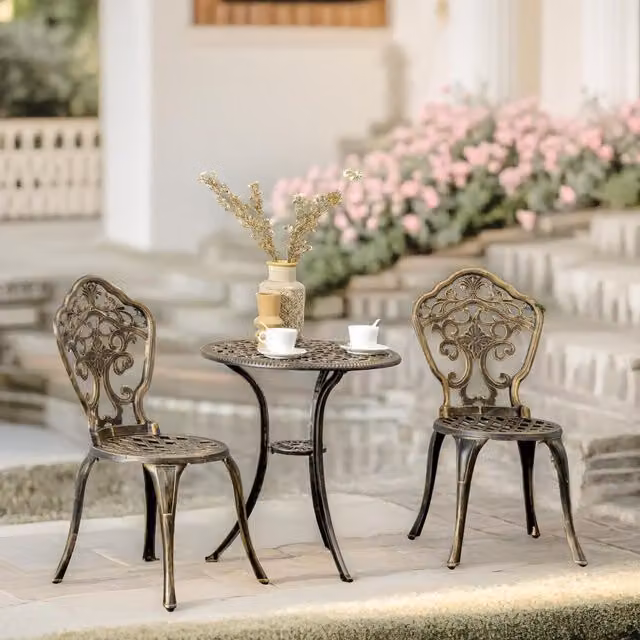 FURNOS Set of 3 Cast Aluminium Bistro Table and Chairs with Parasol Hole in Bronze