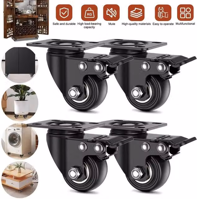 EONLION 4-Piece Set of Black Steel Swivel Castor Wheels, 1.5 Inch, 200kg Load Capacity