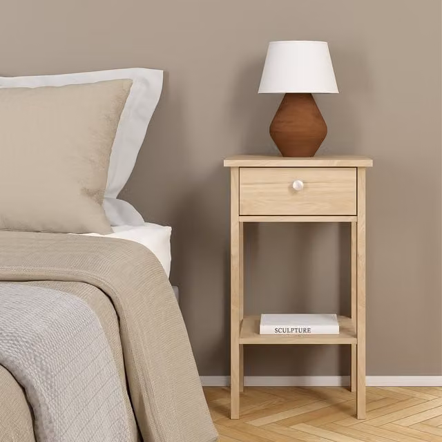 Furniture To Go Madrid Bedside Table with 1 Drawer in Jackson Hickory Oak Brown and Beige
