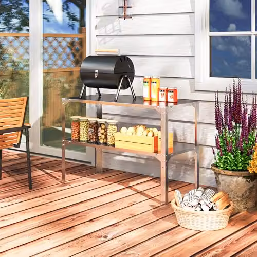 Outsunny 2 Tier Metal Potting Bench Work Table in Silver Tone, W/D/H: 110 x 50 x 75 cm – 6