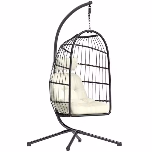 Outsunny Hanging Egg Chair with Stand and Cushions, Black and White