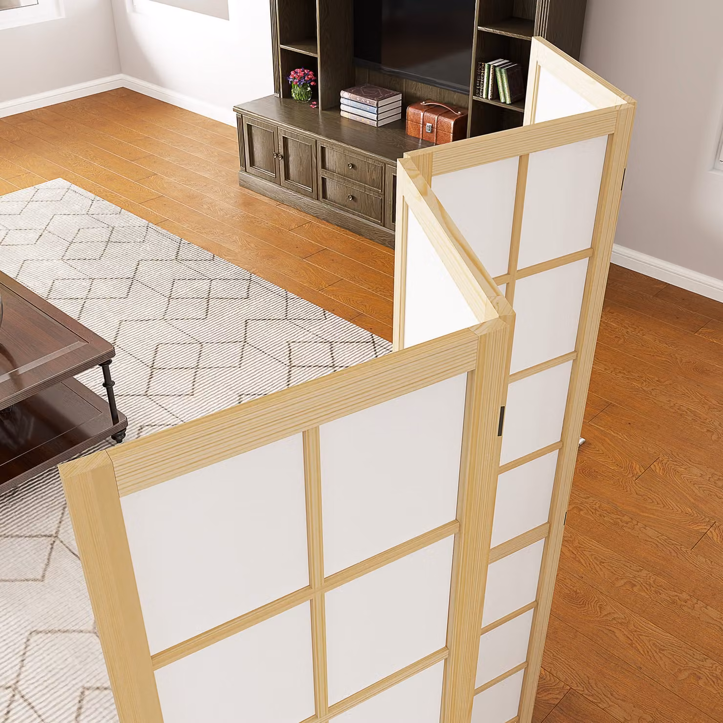 HOMCOM 4 Panel Folding Room Divider, Geometric Wood Privacy Screen, W: 160 cm, H: 170 cm – 3