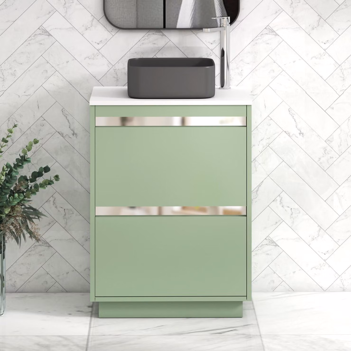Royal Bathrooms Orion 600mm Mint Sage Floor Standing Vanity Unit with 2 Drawers, Art Square Basin and Chrome Accent Trim, White