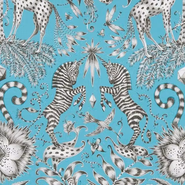 Emma Shipley Kruger Graphic Animal Design Cotton Fabric in Teal, Petrol, Grey and Turquoise