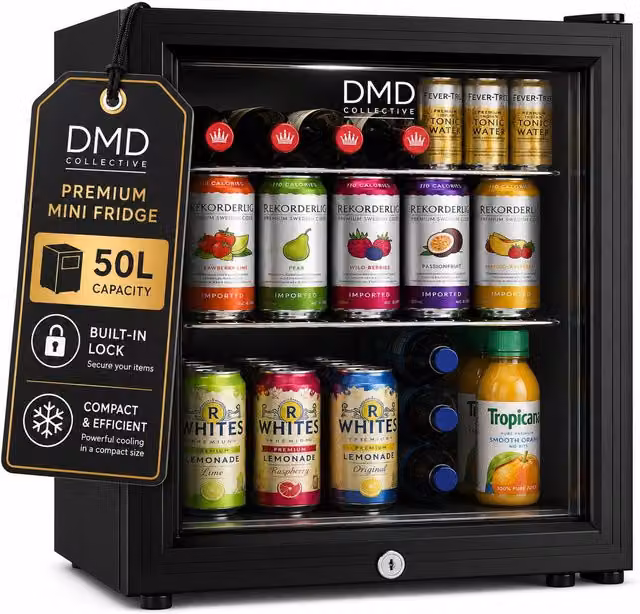 DMD Collective 50L Black Glass Countertop Mini Fridge with LED Interior Light and Lockable Door