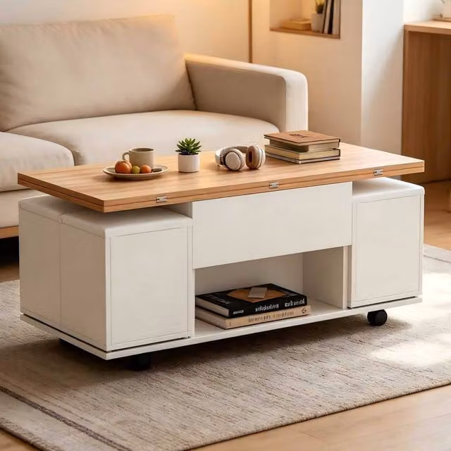 STILVORA Modern Rectangular Coffee Table with Lift Top and Storage in White and Natural Finish