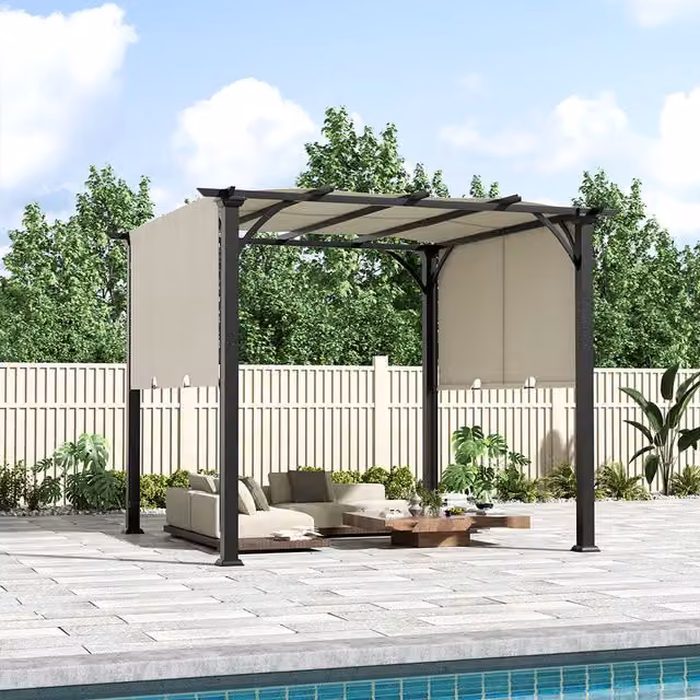 Breeins Modern Square Garden Pergola with Retractable Black Polyester Canopy